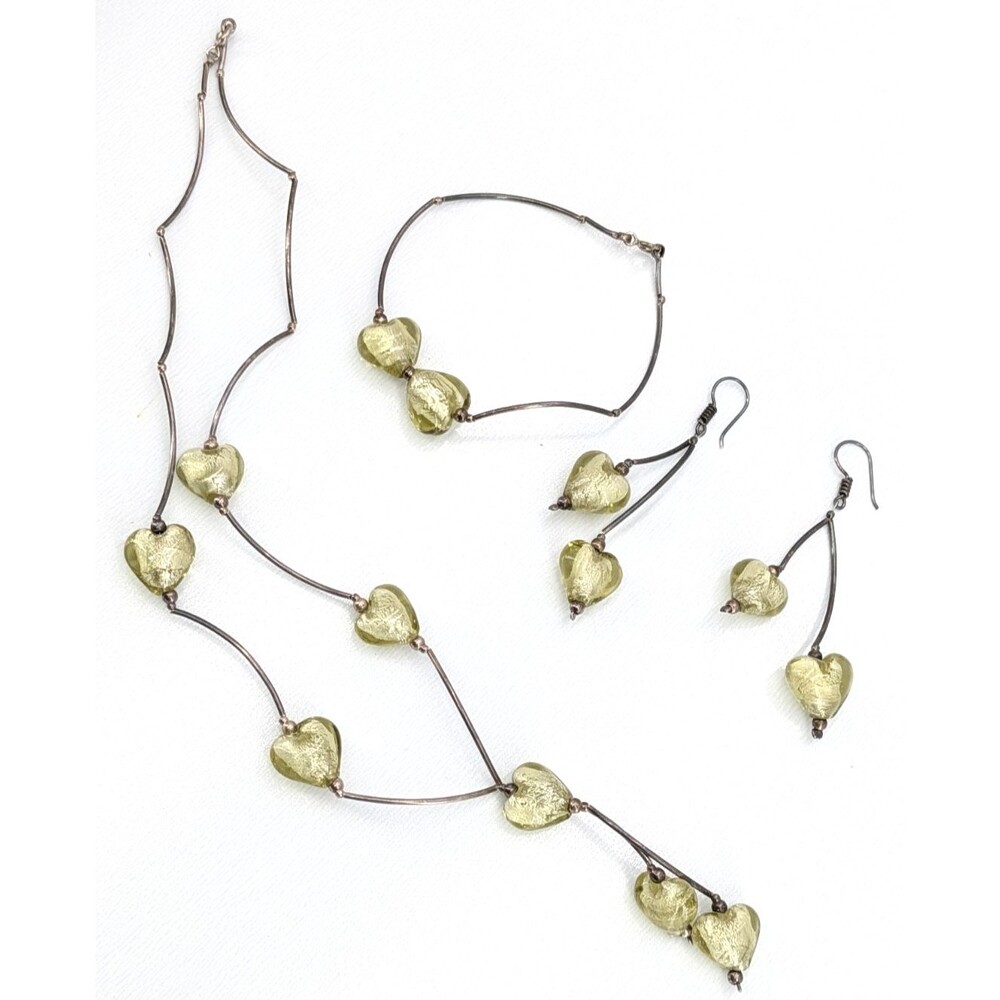 925 Mexico Silver Necklace Bracelet Earrings Set Foil Glass Hearts Taxco Style